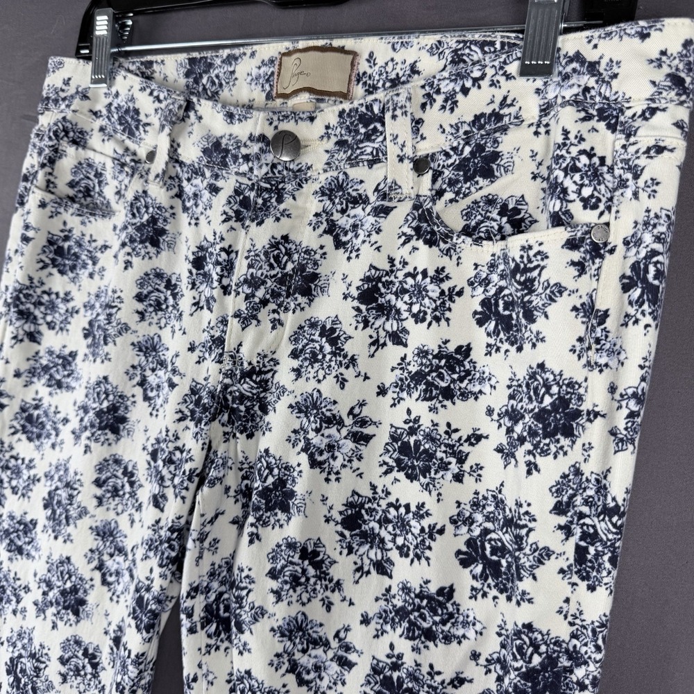 PAIGE Women's Skinny Jeans Floral White/Blue Stretch Mid Rise 5-Pocket